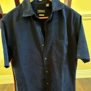 Untucked button-down shirt.